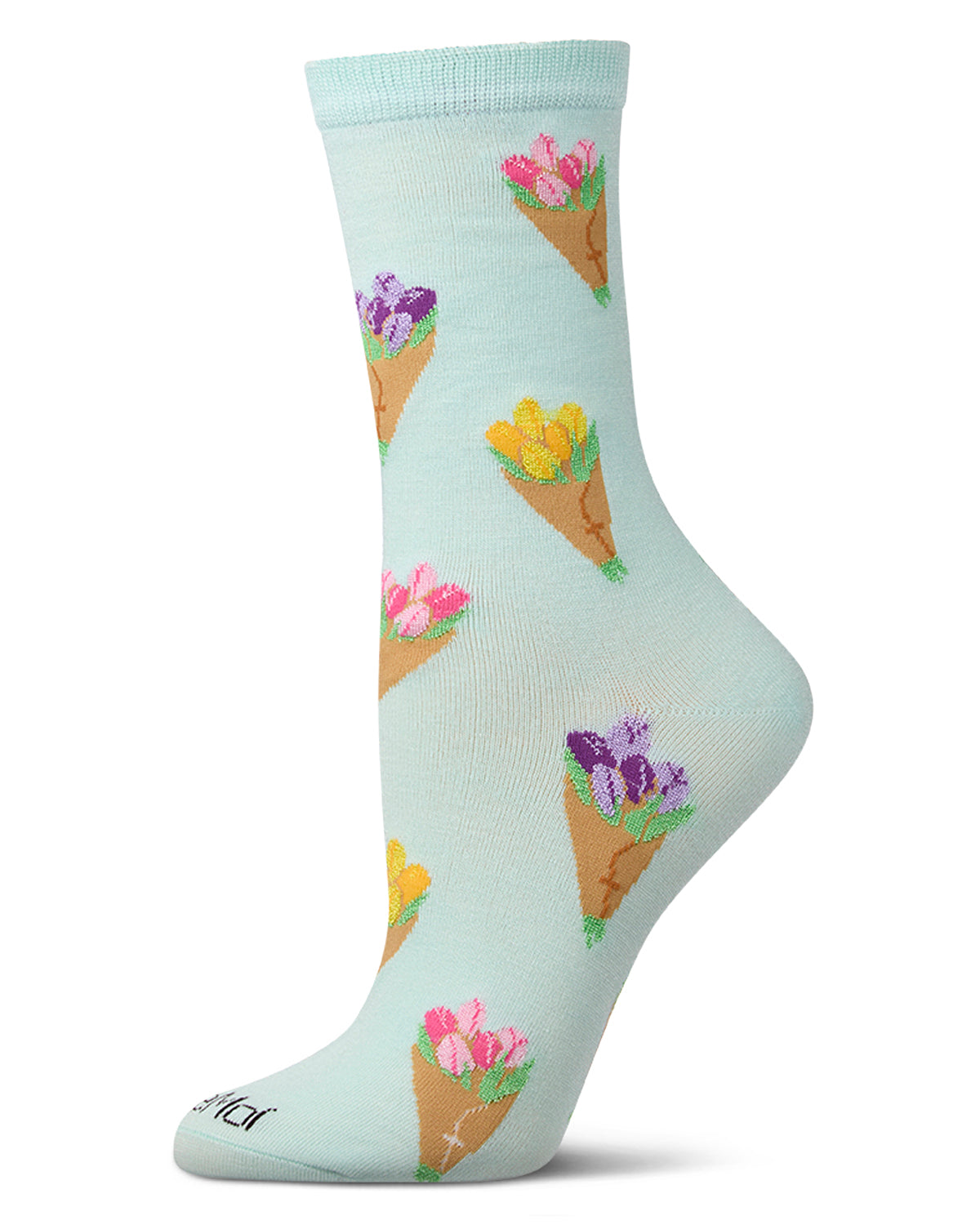 Women's "Tulip Bouquets" Rayon-Blend Novelty Crew Sock