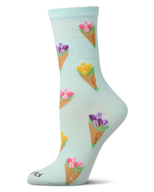 Women's "Tulip Bouquets" Rayon-Blend Novelty Crew Sock