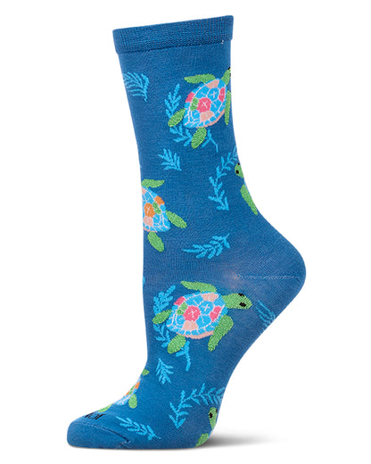 Women's "Rainbow Turtle" Rayon-Blend Fine-Gauge Novelty Crew Sock