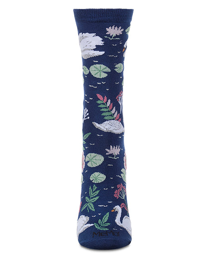 Women's "Swan Lake" Rayon-Blend Fine-Gauge Novelty Crew Sock