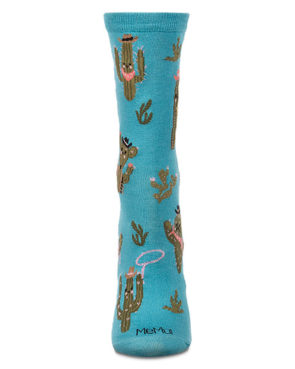 Women's "Rodeo Cactus" Rayon-Blend Fine-Gauge Novelty Crew Sock