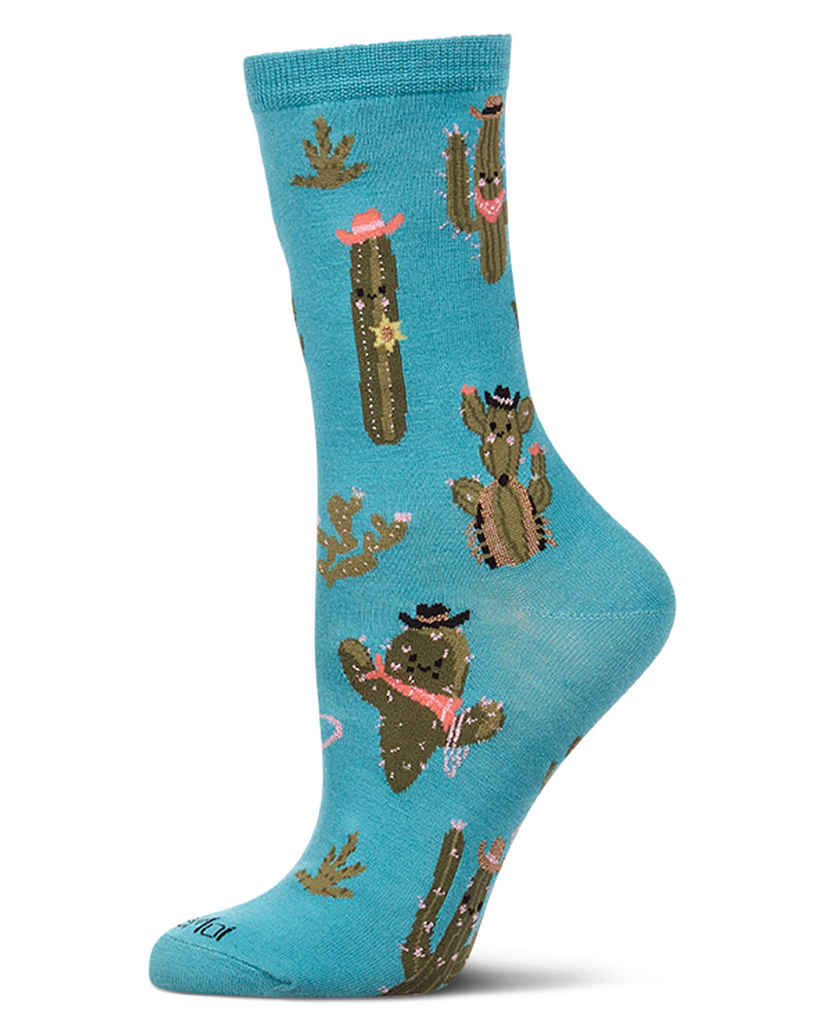 Women's "Rodeo Cactus" Rayon-Blend Fine-Gauge Novelty Crew Sock