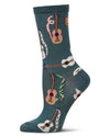 Women's "Folk Guitars" Rayon-Blend Fine-Gauge Novelty Crew Sock