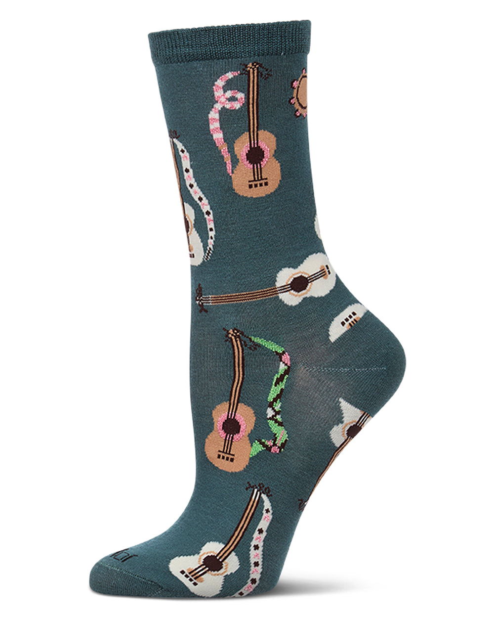 Women's "Folk Guitars" Rayon-Blend Fine-Gauge Novelty Crew Sock