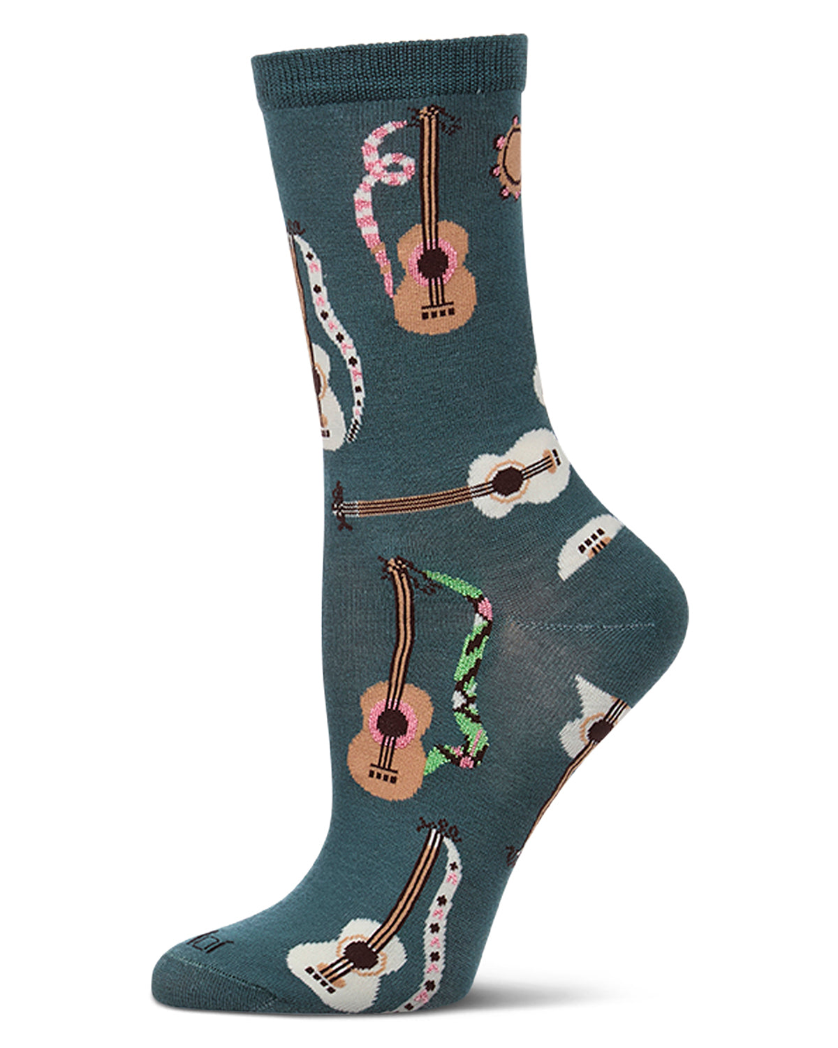 Women's "Folk Guitars" Rayon-Blend Fine-Gauge Novelty Crew Sock