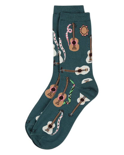 Women's "Folk Guitars" Rayon-Blend Fine-Gauge Novelty Crew Sock