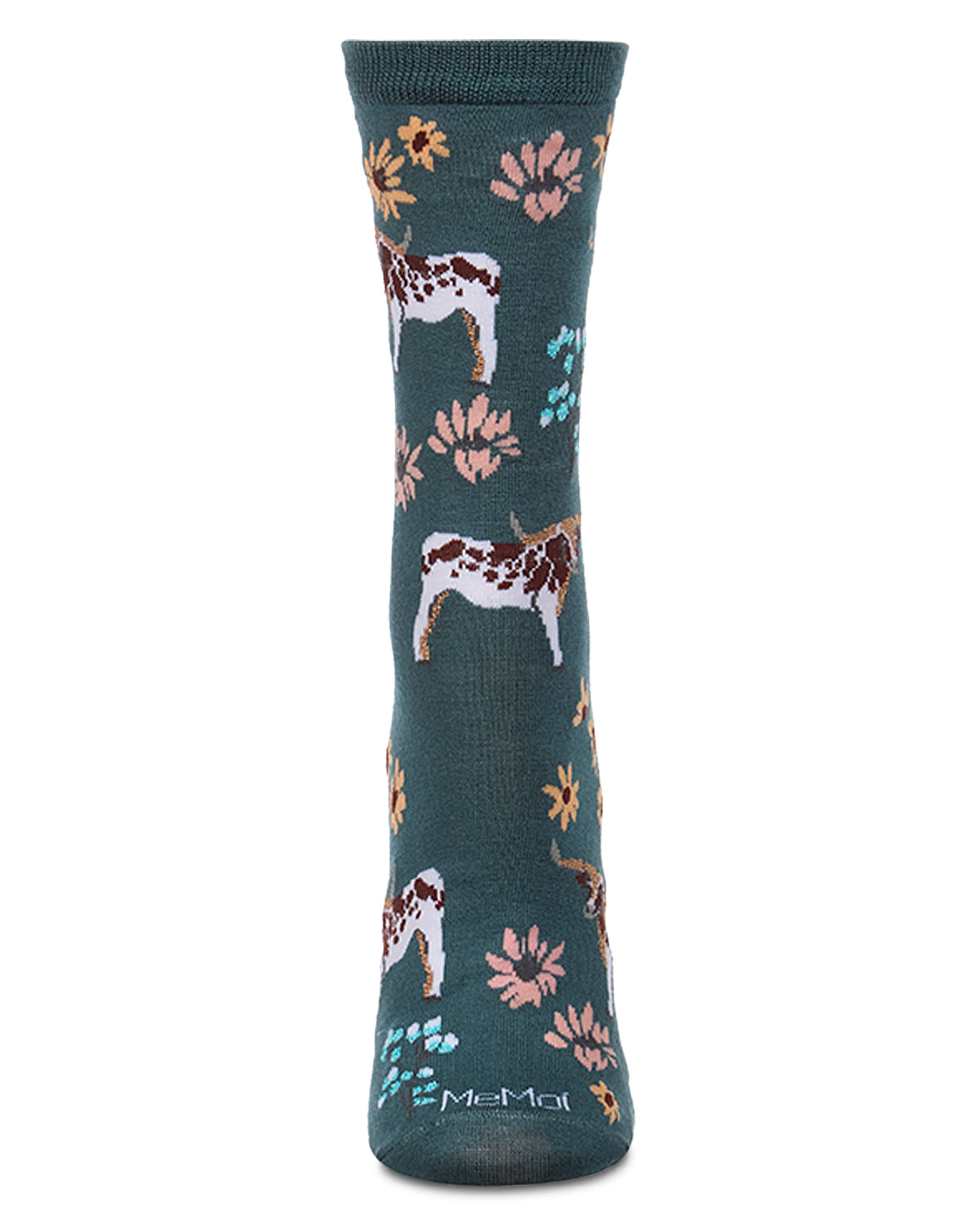 Women's "Longhorn Meadow" Rayon-Blend Fine-Gauge Novelty Crew Sock