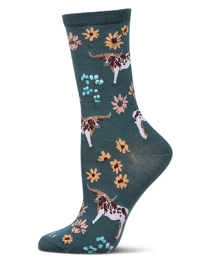 Women's "Longhorn Meadow" Rayon-Blend Fine-Gauge Novelty Crew Sock