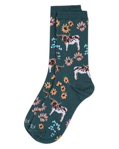 Women's "Longhorn Meadow" Rayon-Blend Fine-Gauge Novelty Crew Sock