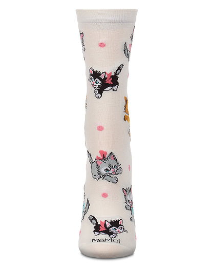 Women's "Retro Kitty" Rayon-Blend Fine-Gauge Novelty Crew Sock
