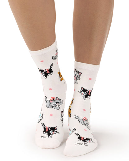 Women's "Retro Kitty" Rayon-Blend Fine-Gauge Novelty Crew Sock