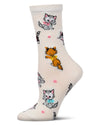 Women's "Retro Kitty" Rayon-Blend Fine-Gauge Novelty Crew Sock