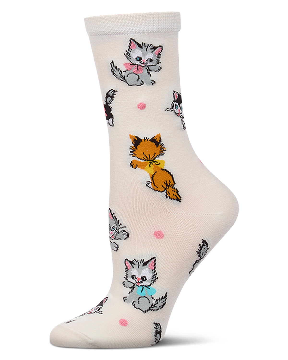 Women's "Retro Kitty" Rayon-Blend Fine-Gauge Novelty Crew Sock