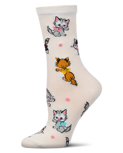 Women's "Retro Kitty" Rayon-Blend Fine-Gauge Novelty Crew Sock
