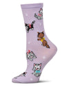 Women's "Retro Kitty" Rayon-Blend Fine-Gauge Novelty Crew Sock