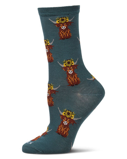 Women's "Sunflower Highland Cow" Rayon-Blend Novelty Crew Sock