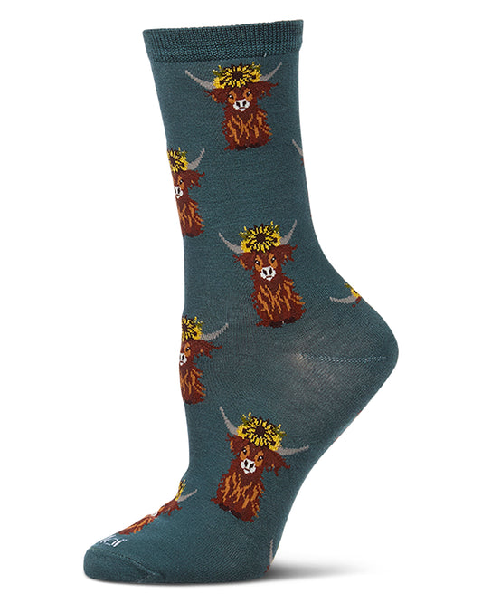 Women's "Sunflower Highland Cow" Rayon-Blend Novelty Crew Sock