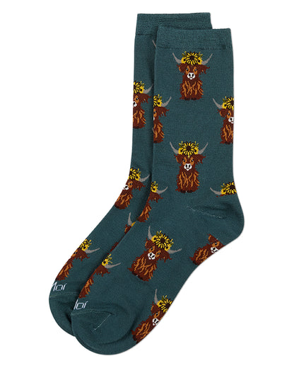 Women's "Sunflower Highland Cow" Rayon-Blend Novelty Crew Sock