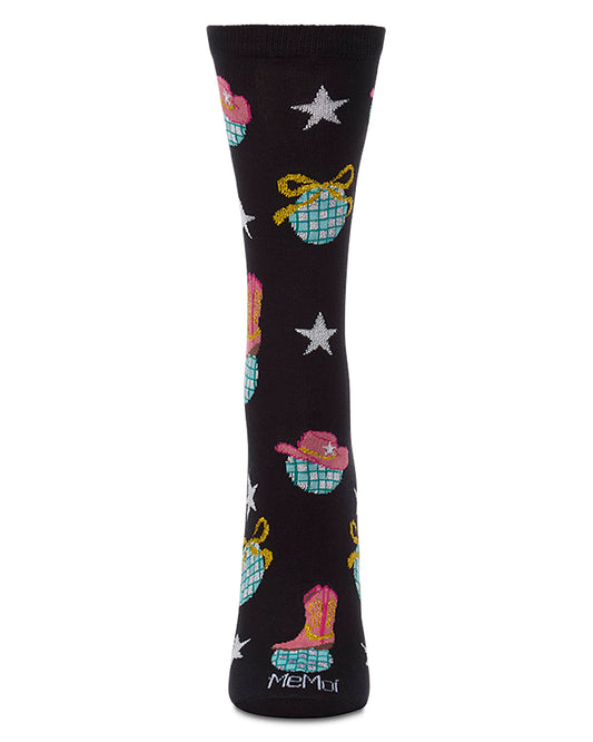 Women's "Western Disco" Rayon-Blend Fine-Gauge Novelty Crew Sock