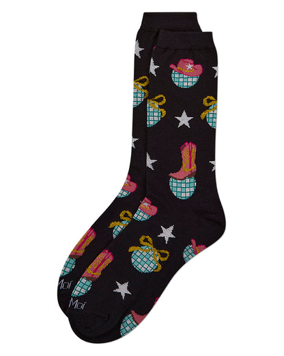 Women's "Western Disco" Rayon-Blend Fine-Gauge Novelty Crew Sock