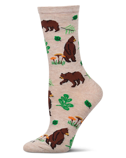 Women's "Bear Outing" Rayon-Blend Fine-Gauge Novelty Crew Sock
