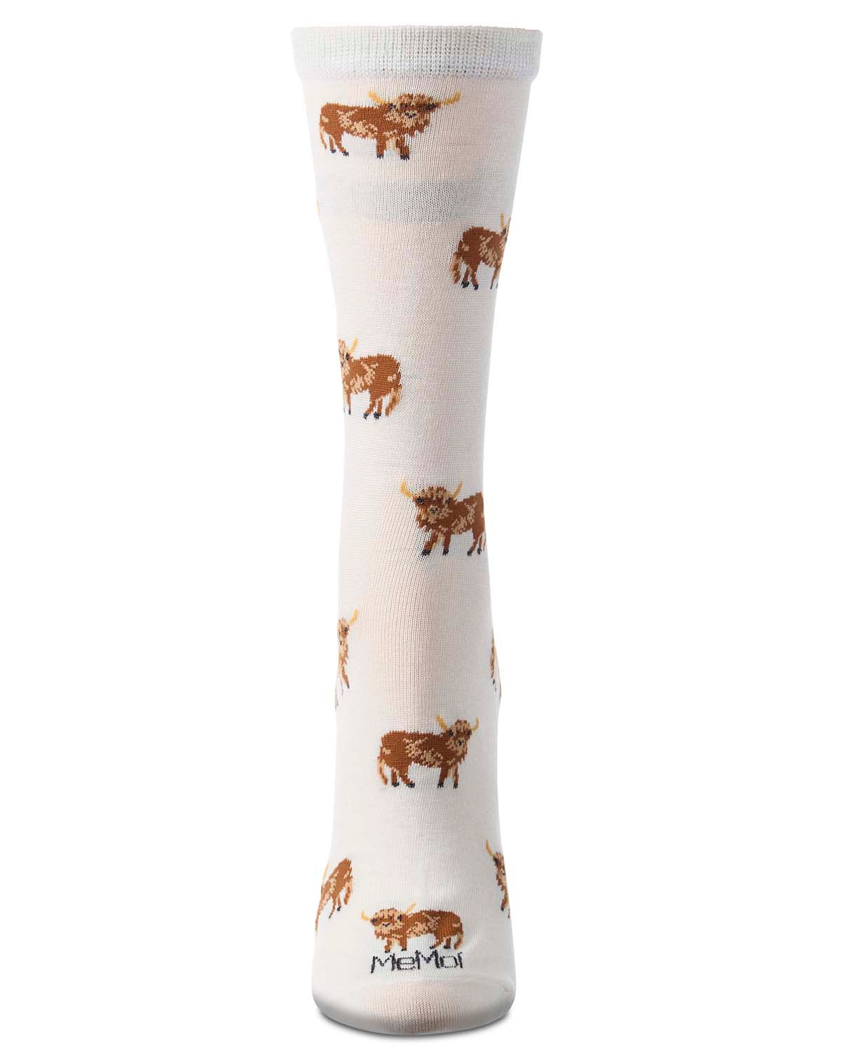 Women's "Highland Cow" Rayon-Blend Fine-Gauge Novelty Crew Sock