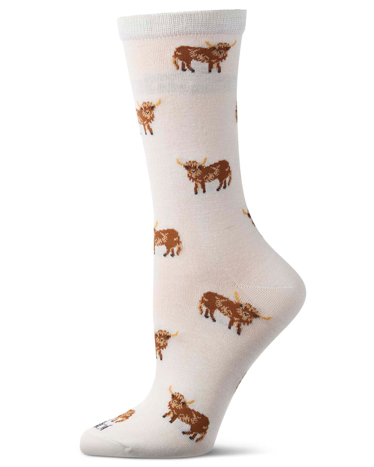 Women's "Highland Cow" Rayon-Blend Fine-Gauge Novelty Crew Sock