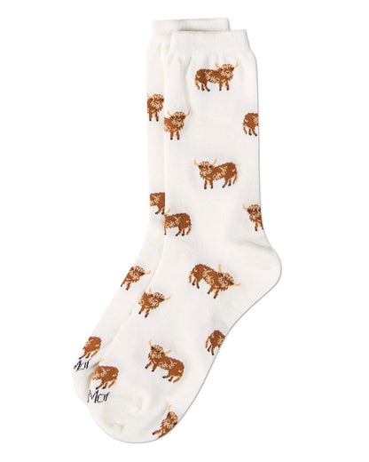 Women's "Highland Cow" Rayon-Blend Fine-Gauge Novelty Crew Sock
