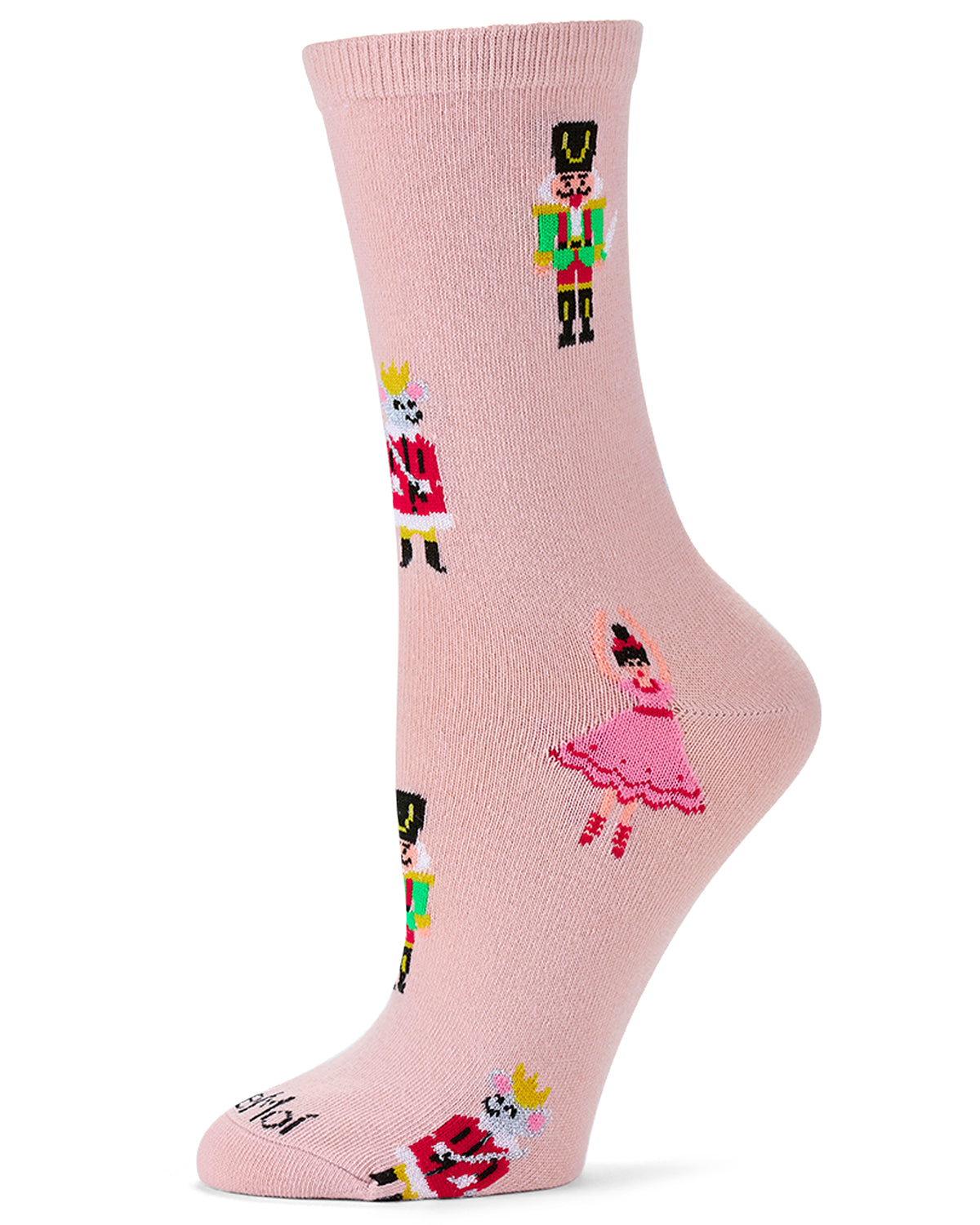 A single light pink crew sock with a knit pattern of cartoon toy soldiers, a ballerina, and a crowned king, shown on a white background.