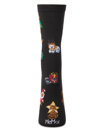 Women's "Holiday Hats On Cats" Fine-Gauge Christmas Novelty Crew Sock