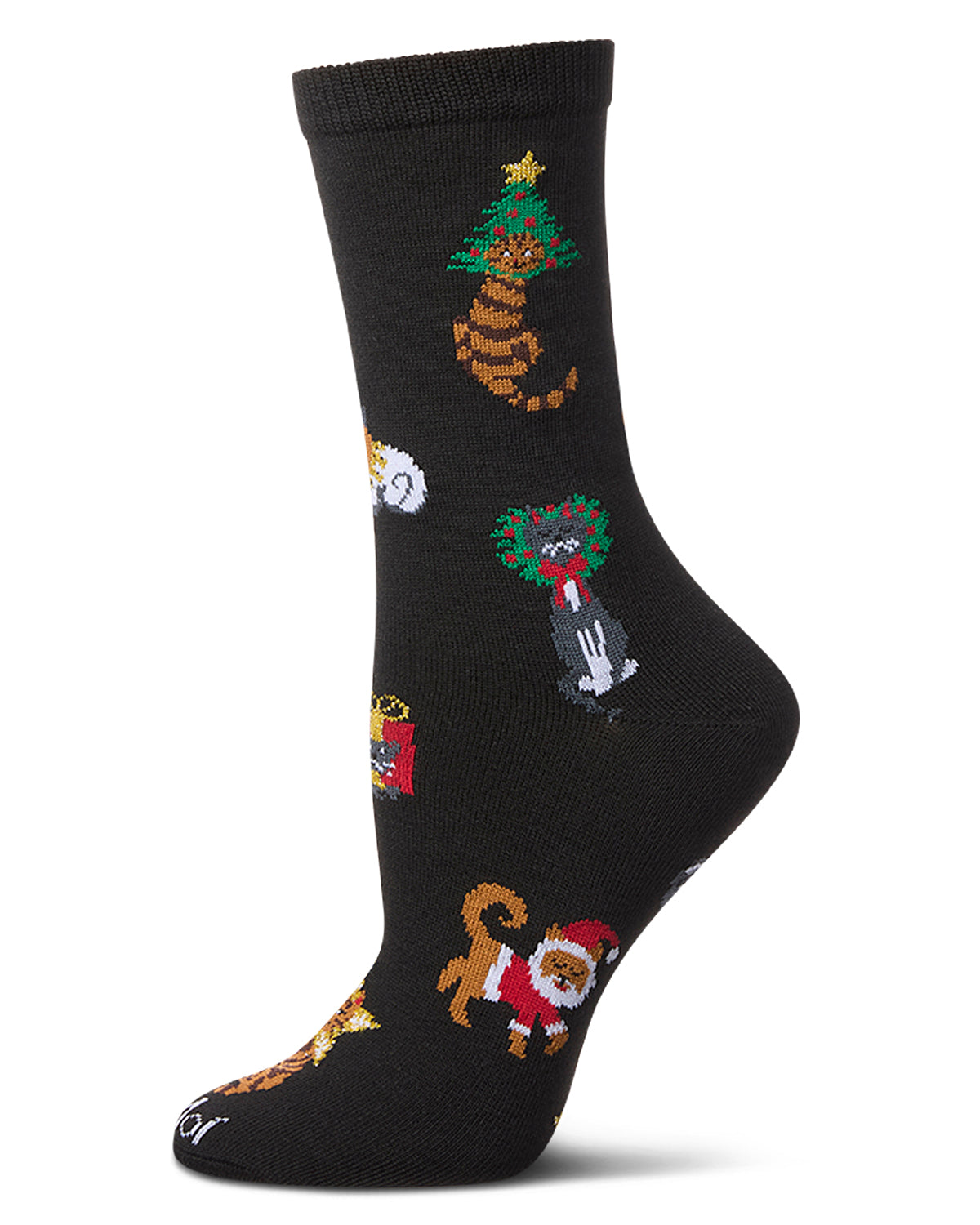 Women's "Holiday Hats On Cats" Fine-Gauge Christmas Novelty Crew Sock