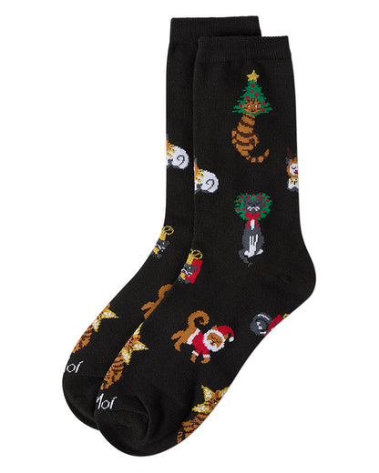 Women's "Holiday Hats On Cats" Fine-Gauge Christmas Novelty Crew Sock