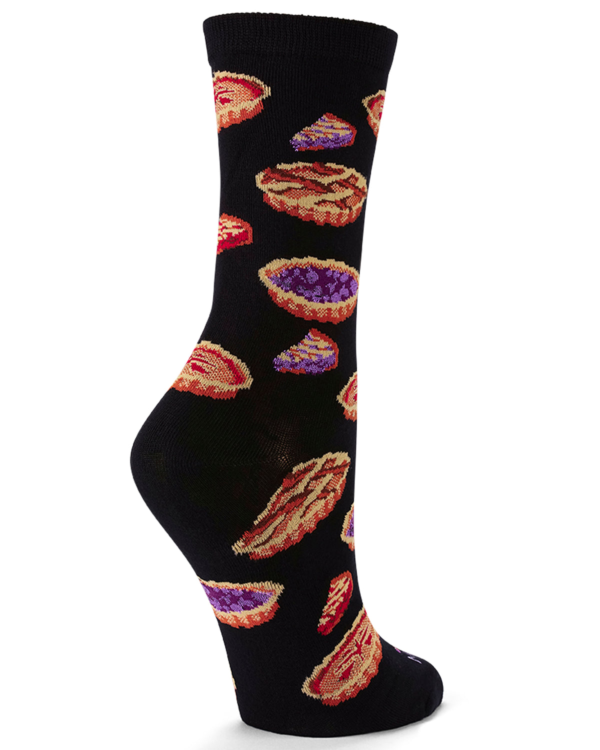 A single black crew sock with a repeating pattern of colorful pies and pastries, shown on a white background.