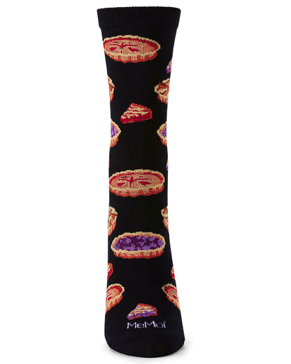 A single black crew sock with a repeating pattern of colorful pies and the brand name 'MeMoi' printed near the foot, shown on a plain white background.