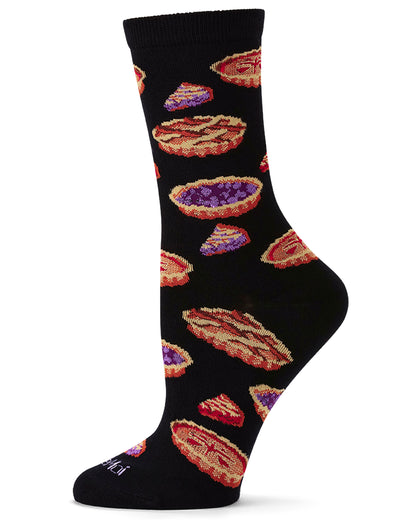 A single black crew sock with a repeating pattern of colorful pies and pastries, shown on a white background.