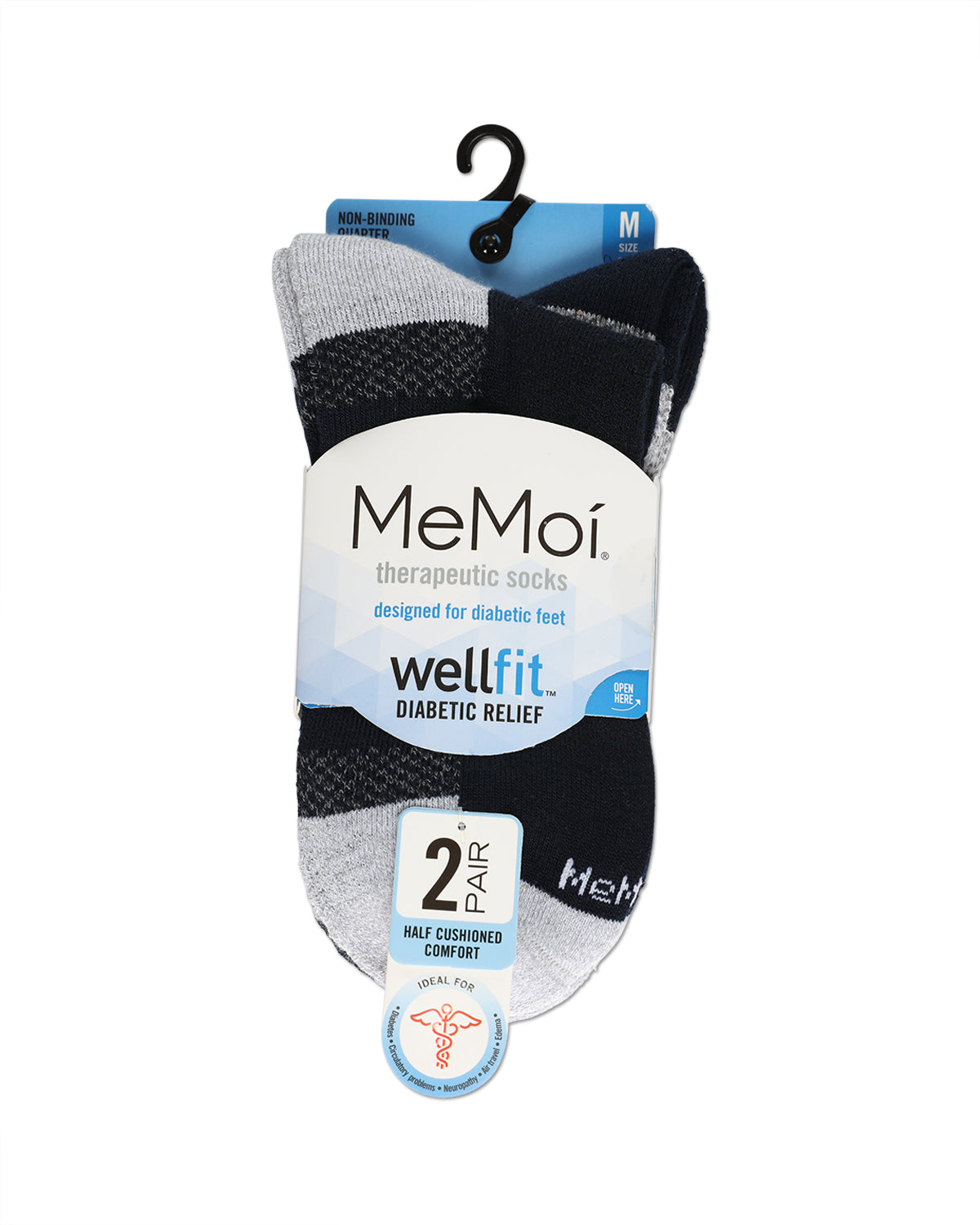 2 Pair Pack Unisex Diabetic Half Cushion Quarter Socks : Color: Navy-Gray