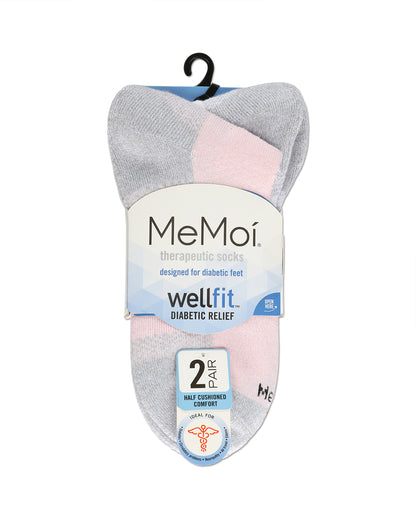 2 Pair Pack Unisex Diabetic Half Cushion Quarter Socks : Color: Pink-White