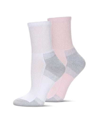 2 Pair Pack Unisex Diabetic Half Cushion Quarter Socks : Color: Pink-White