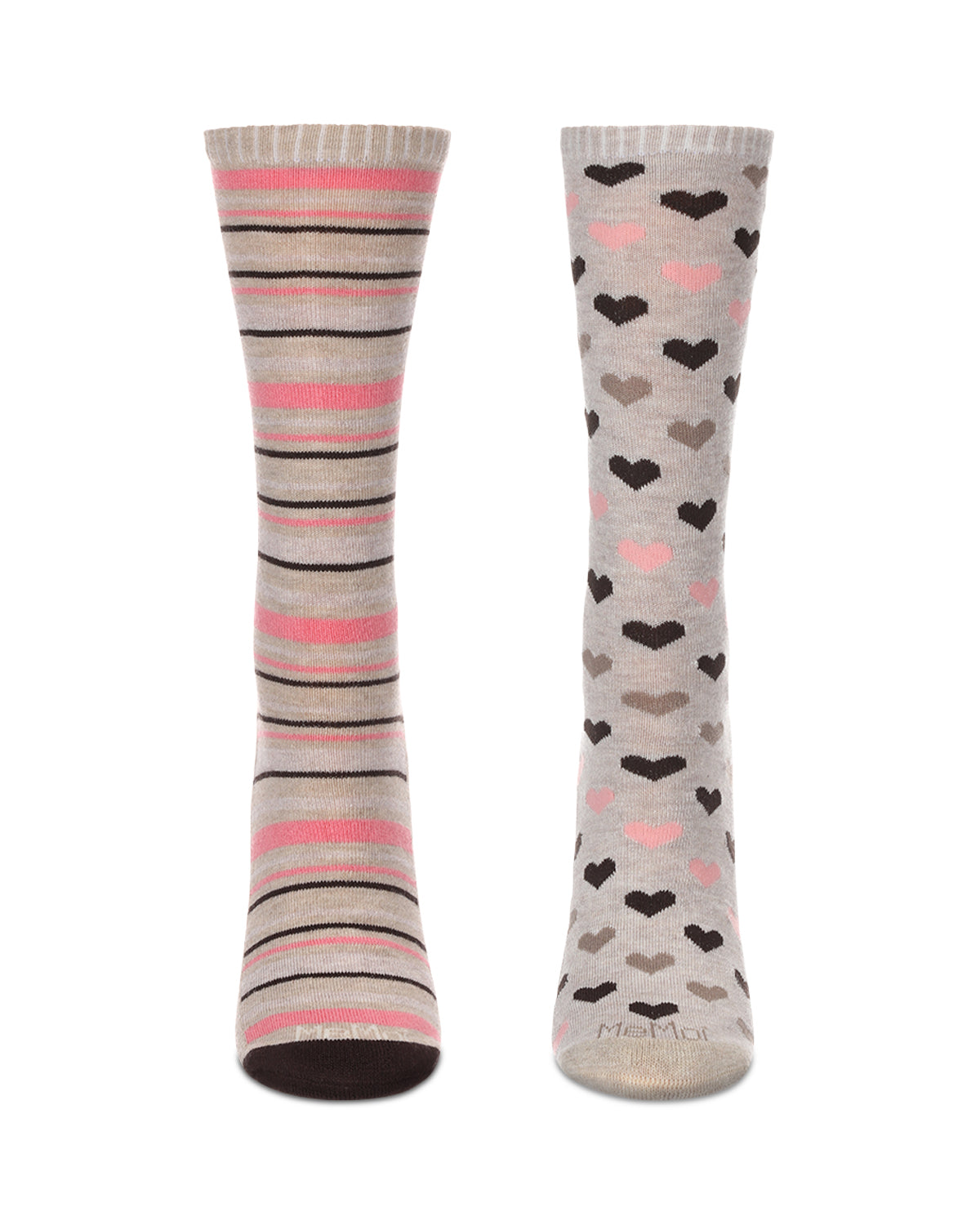 2 Pair Diabetic Heart/Stripe Half Cushion Crew Socks : Color: Ivory Heather