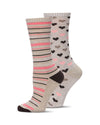 2 Pair Diabetic Heart/Stripe Half Cushion Crew Socks : Color: Ivory Heather