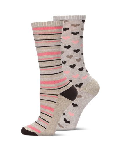 2 Pair Diabetic Heart/Stripe Half Cushion Crew Socks : Color: Ivory Heather