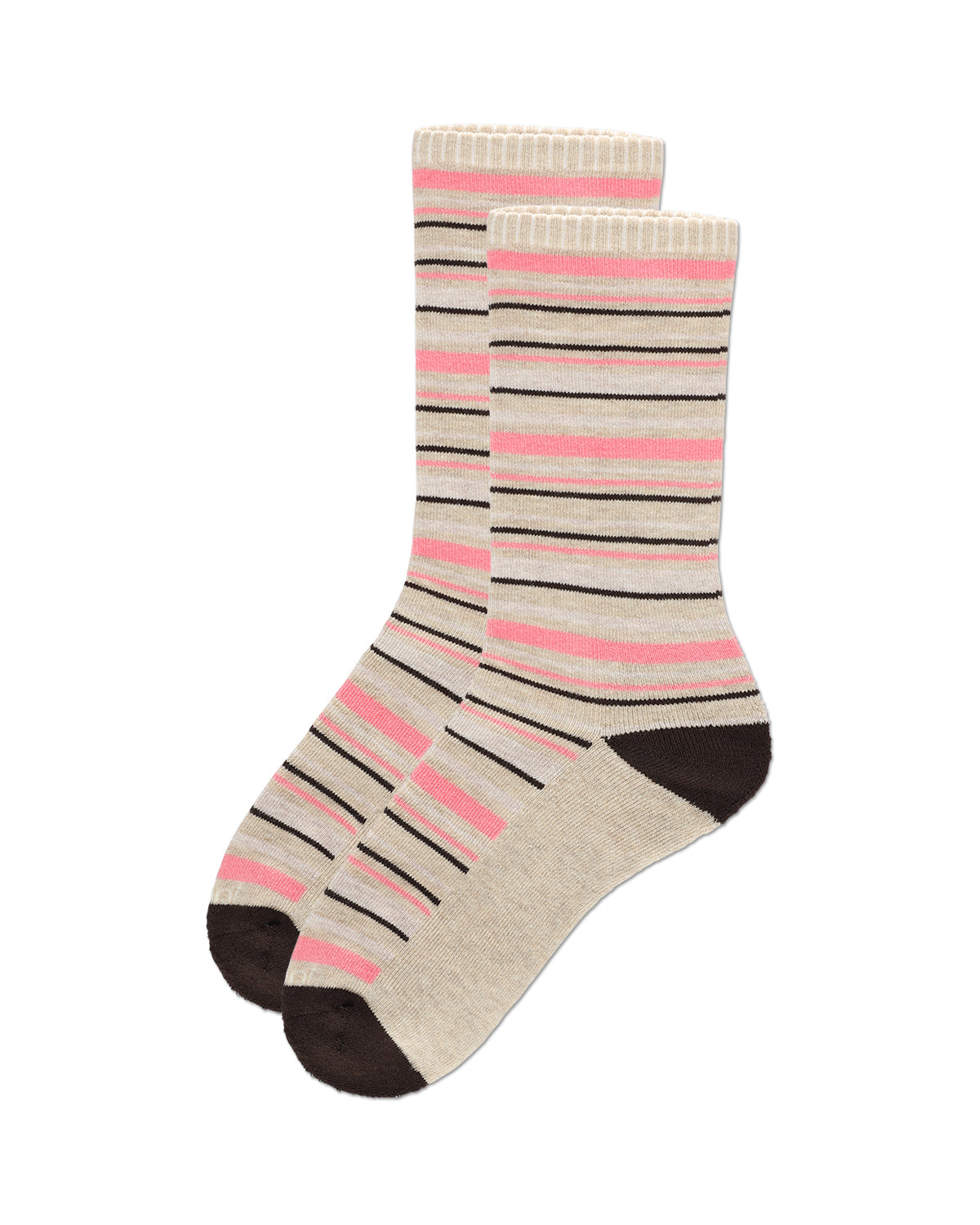 2 Pair Diabetic Heart/Stripe Half Cushion Crew Socks : Color: Ivory Heather