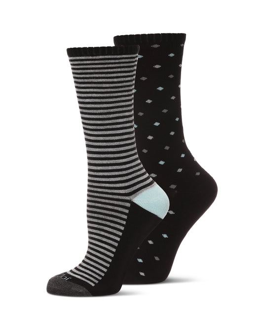 2 Pair Diabetic Dots/Stripes Half Cushion Crew Socks : Color: Black