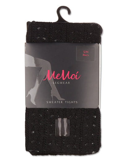 A package of MeMoi Legwear black sweater tights with a hanger, featuring a dark gray paper label with pink script branding and a small '5 IN 1 Black' label.