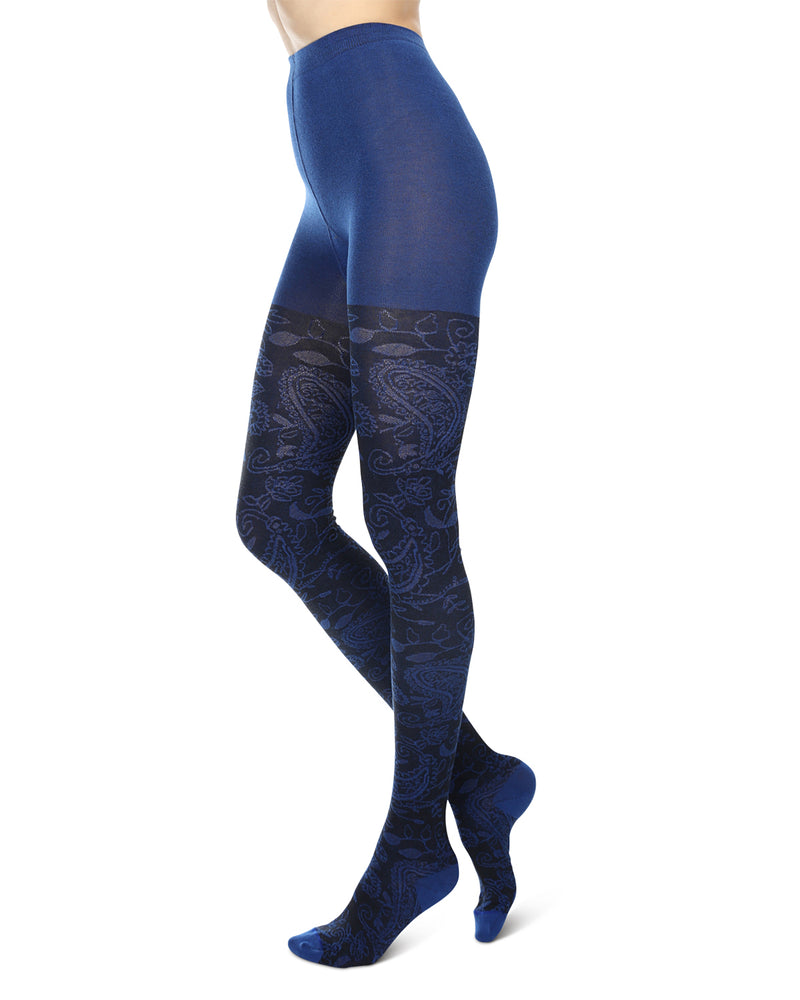 Women's matt 20 denier tights with stylized flowers repeat pattern - Blue  sailor