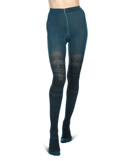 Fair Isle Frost Cotton Blend Sweater Tights : Color: Blue Coral