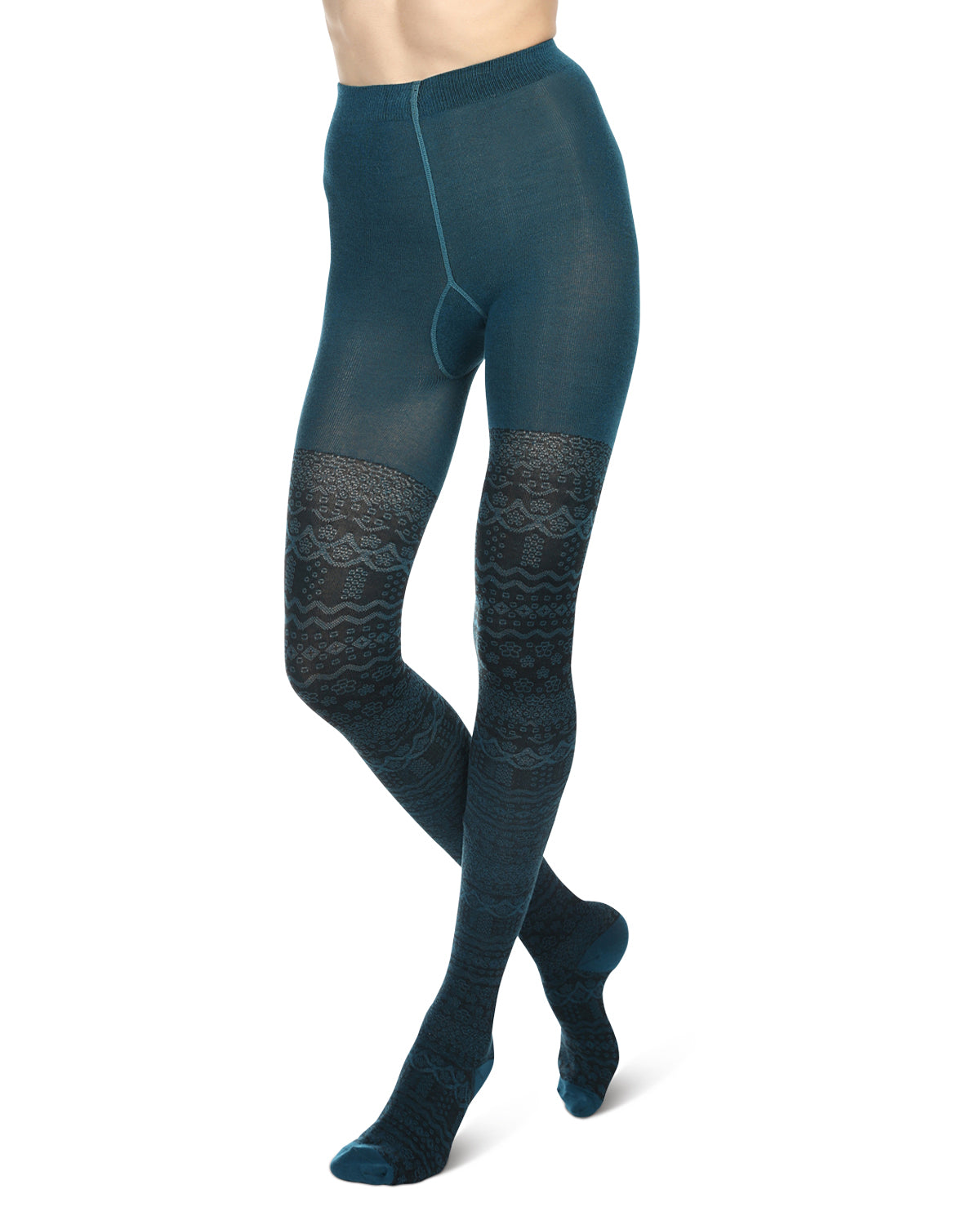 Fair Isle Frost Cotton Blend Sweater Tights : Color: Blue Coral