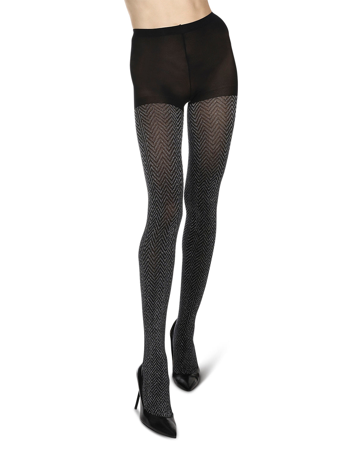 Zig Zag Textron Glam Opaque Knit Tights : Color: Black/Silver