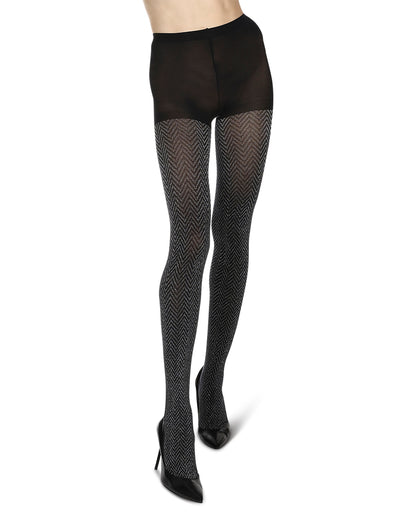 Zig Zag Textron Glam Opaque Knit Tights : Color: Black/Silver