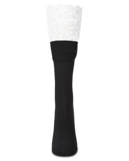 Women's Delicate Lace Slant Ribbed Crew Socks : Color: Black